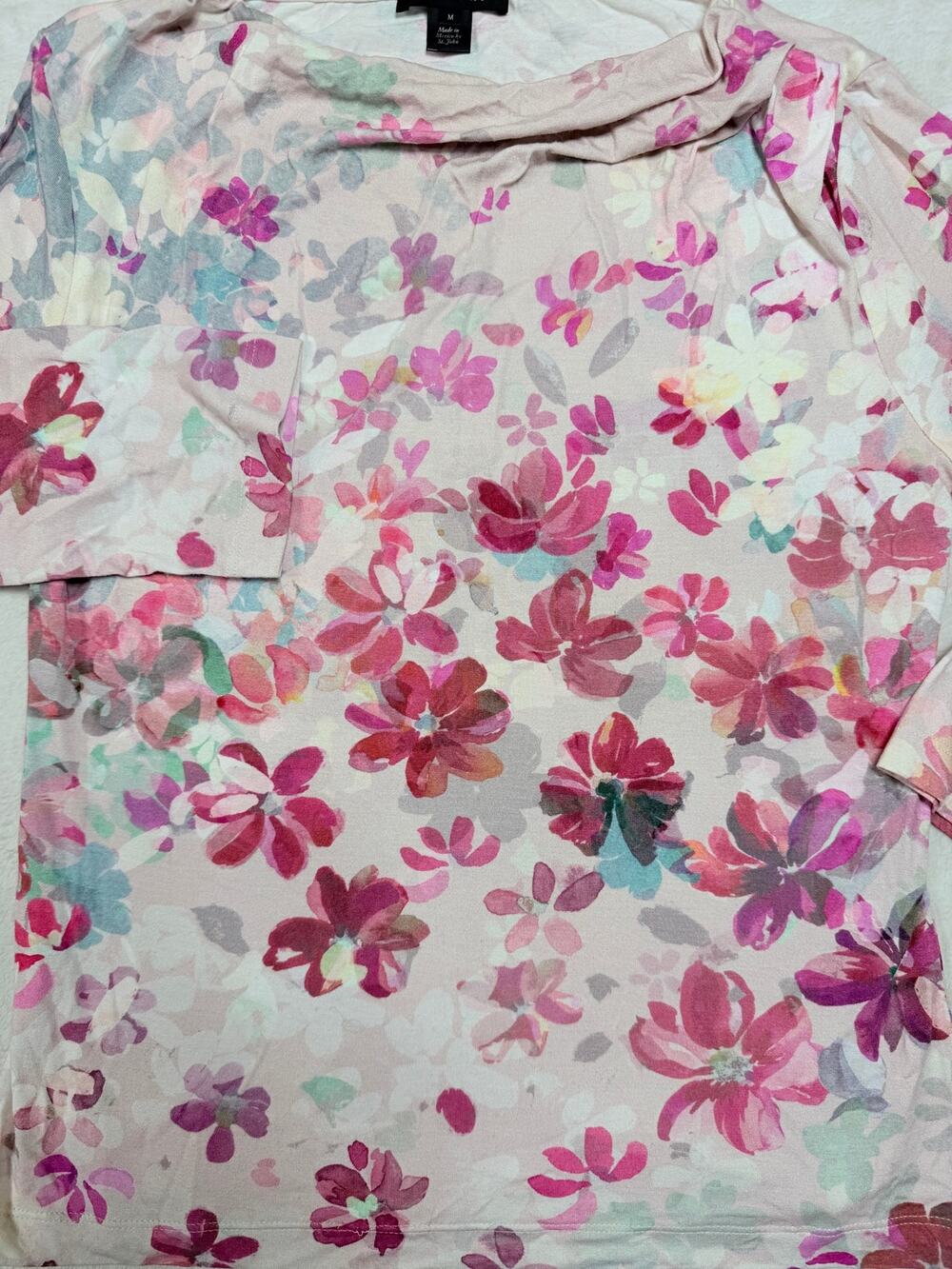 St John Collection Pink Floral Rayon Spandex Cowl Neck Long Sleeve Top Size M